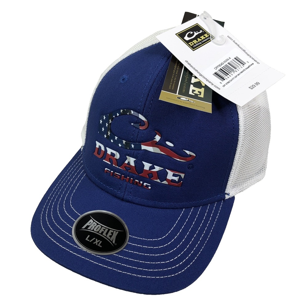Drake Fishing Hat Cap Mens‎ L/XL Blue Stretch Fit DPF American Flag Logo New NWT